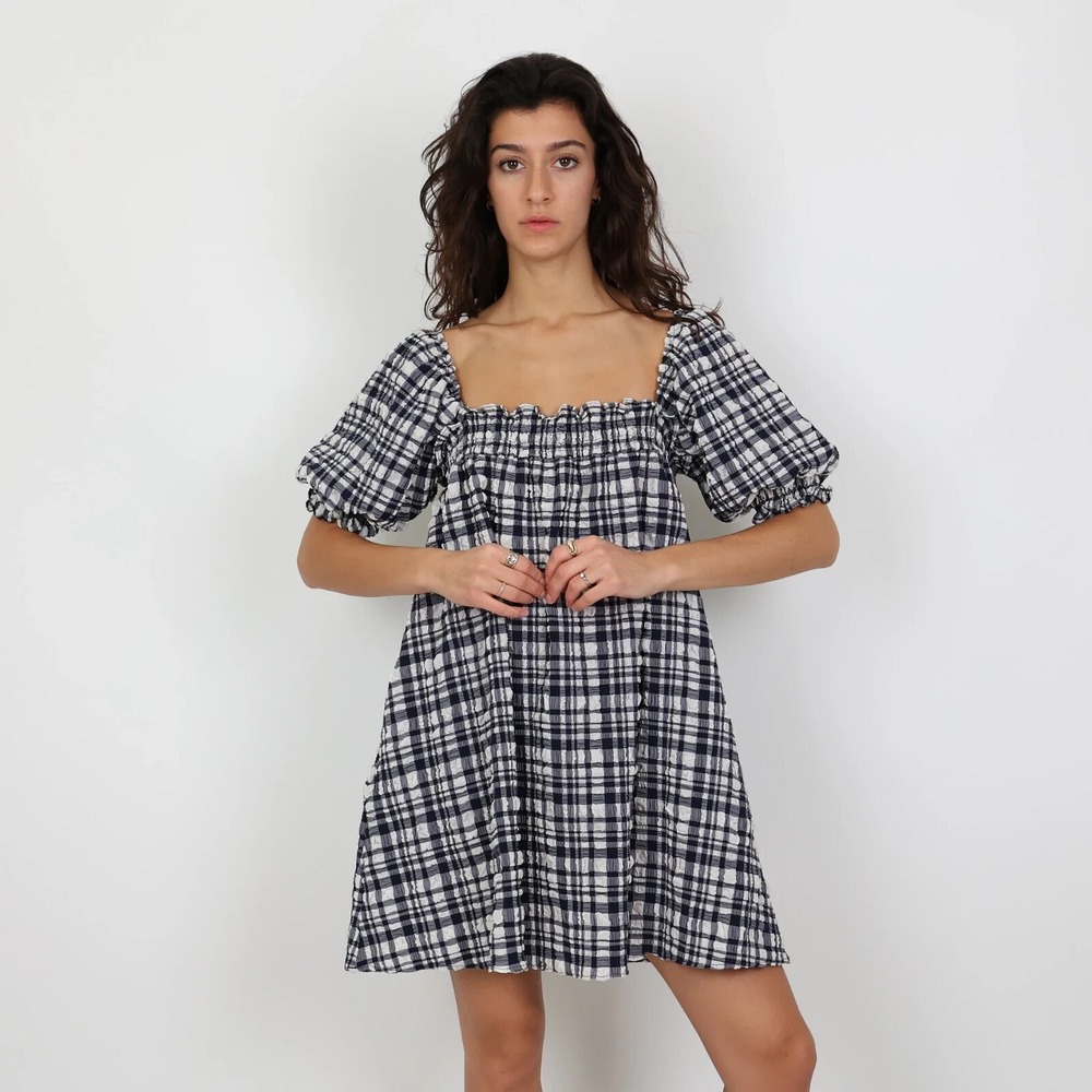 Solid and Striped Navy Babydoll Plaid Gingham Square Neck Mini Dress Size XL - Picture 1 of 8